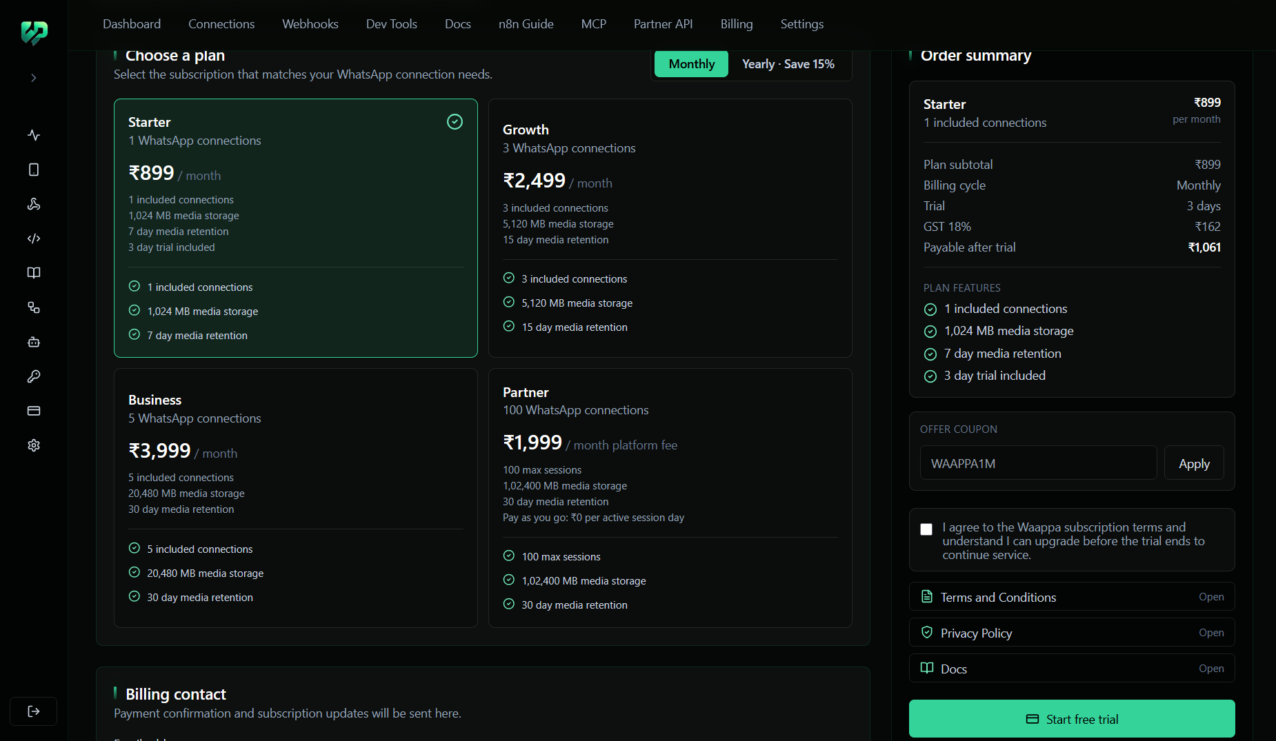 Waappa checkout plan selection