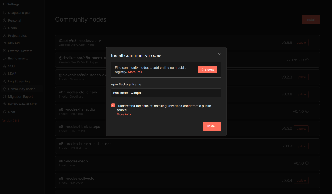 Install n8n-nodes-waappa community node