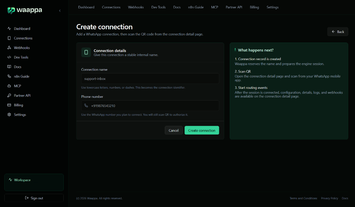 Waappa create connection form