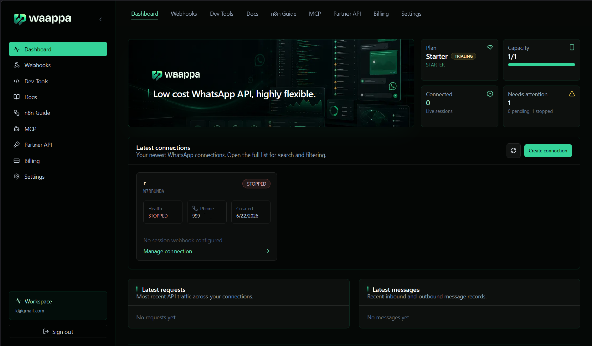 Waappa dashboard with created connection
