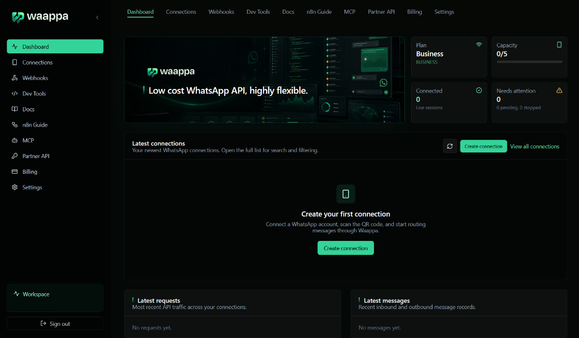 Waappa dashboard before creating a connection