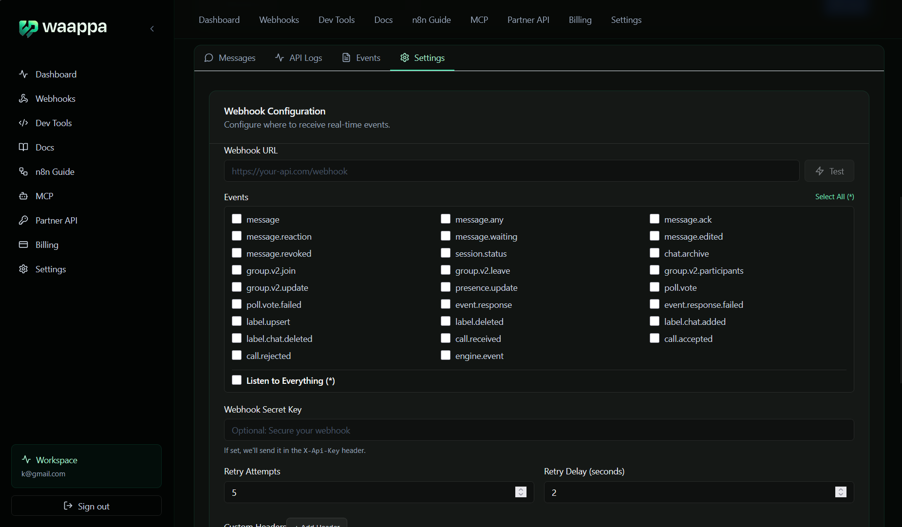 Waappa webhook settings